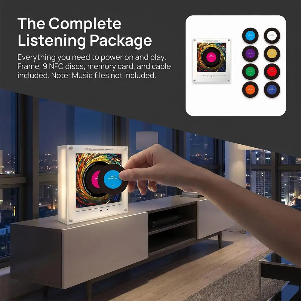 Hand tapping a colorful NFC music disc into a clear acrylic magnetic music player frame on a modern TV stand.