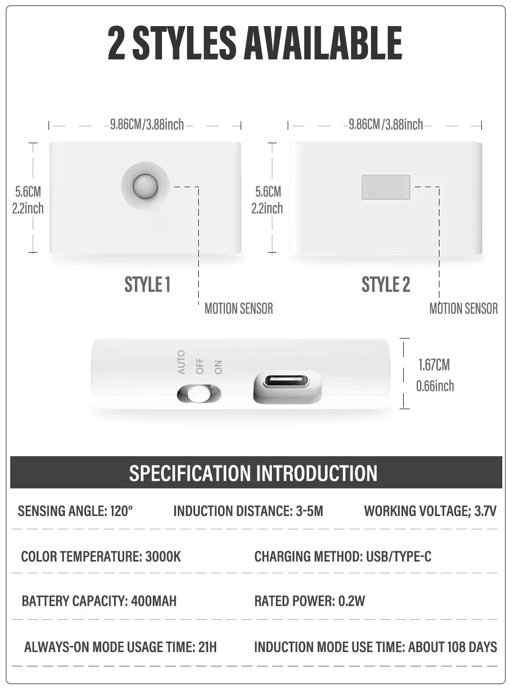 Two white, rectangular mini motion sensor night lights, Style 1 with a round sensor and Style 2 with a rectangular sensor.