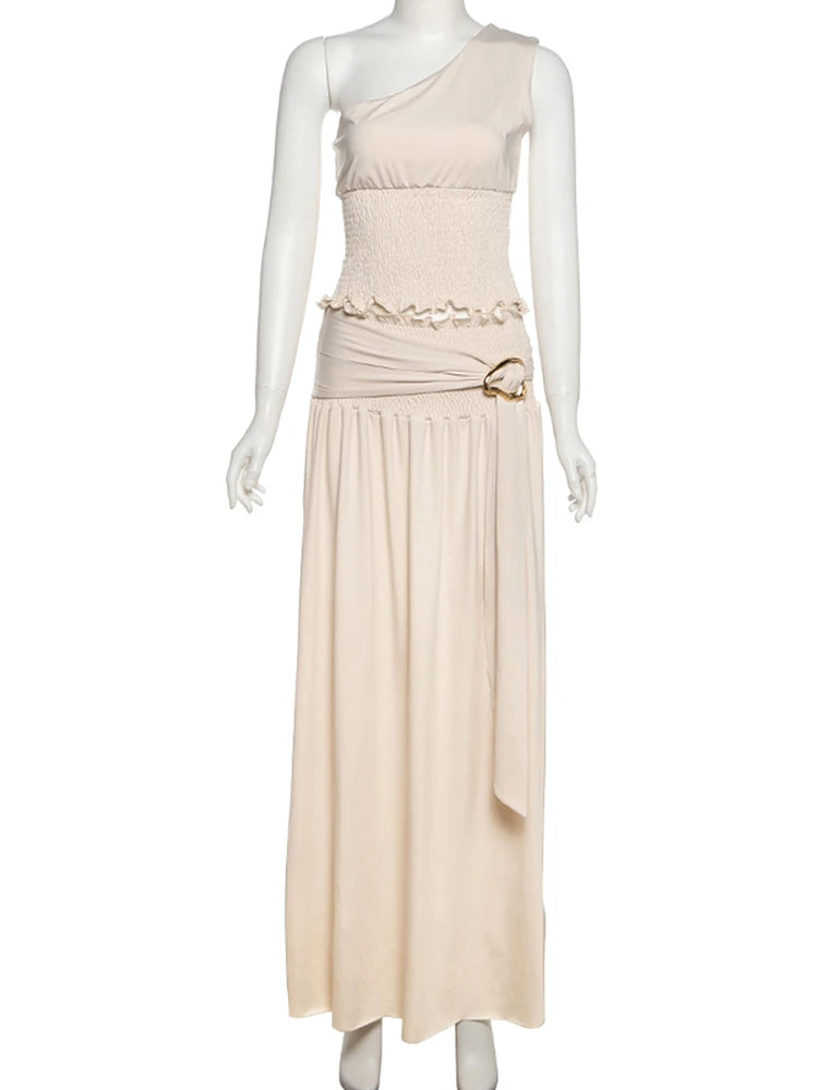 kliou Elegant High Street Women 2 Piece Set Chic Pleated Trim Incline Shoulder Tanks+Buckle Ribbons Maxi Skirts Female Outfits