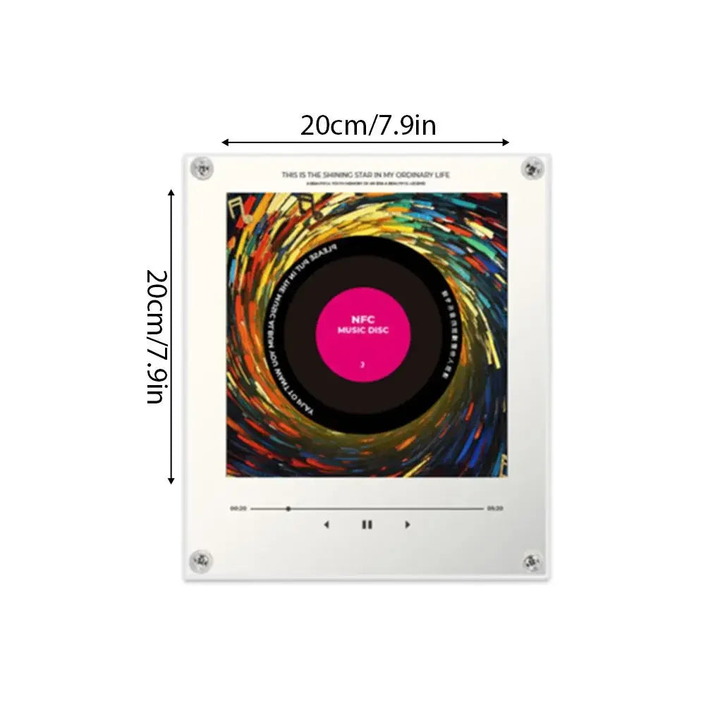 Clear acrylic NFC music player, 20cm square, with a colorful vinyl disc design and "NFC MUSIC DISC" in pink.