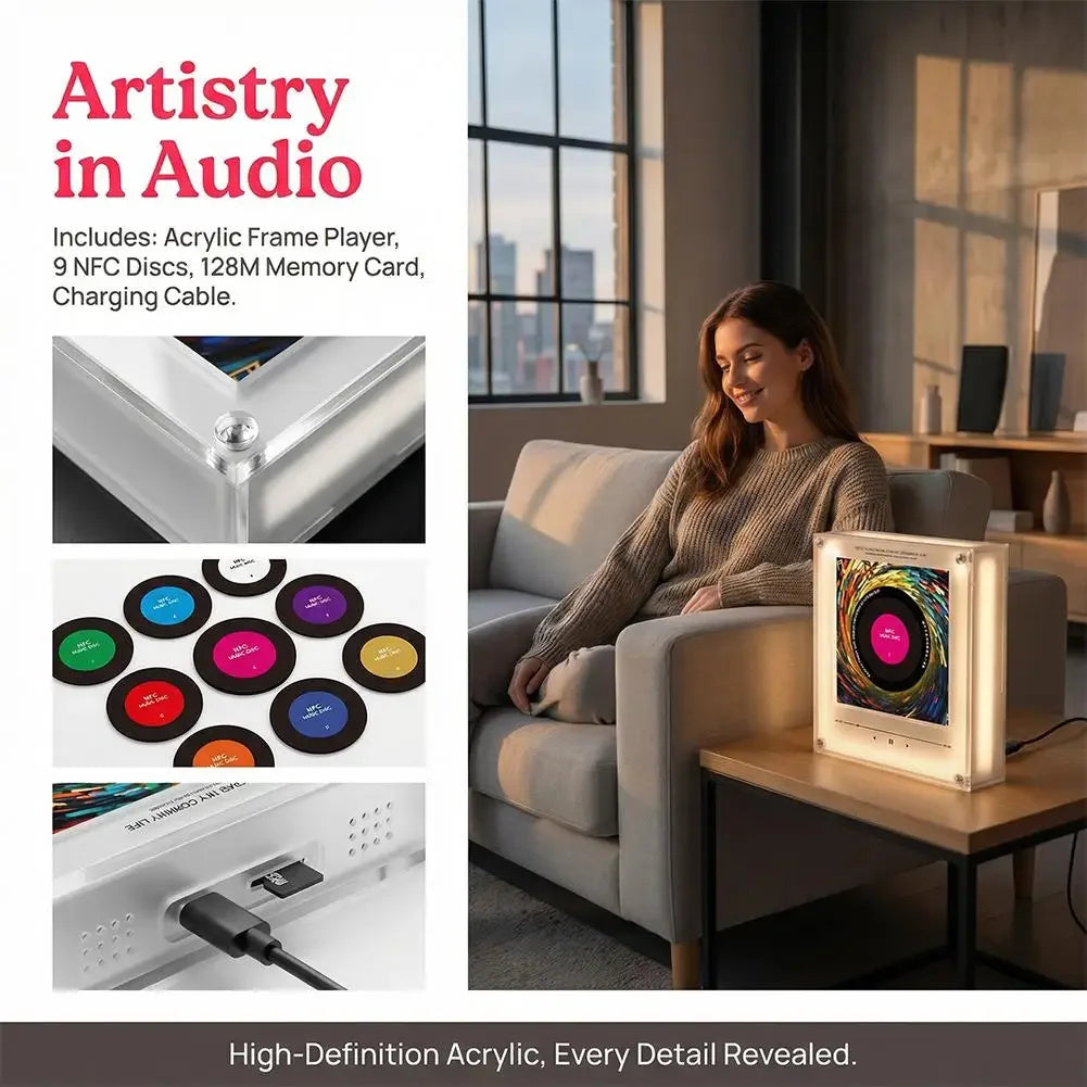Woman relaxing with a clear acrylic NFC music player featuring a colorful vinyl disc, plus close-ups of discs and ports.