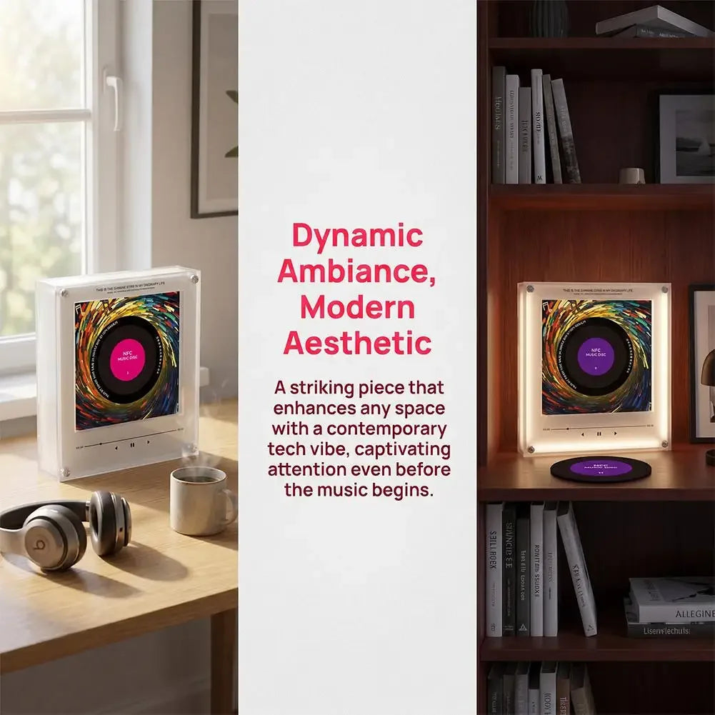 White acrylic NFC music player with a purple vinyl disc, shown on a desk and a bookshelf.