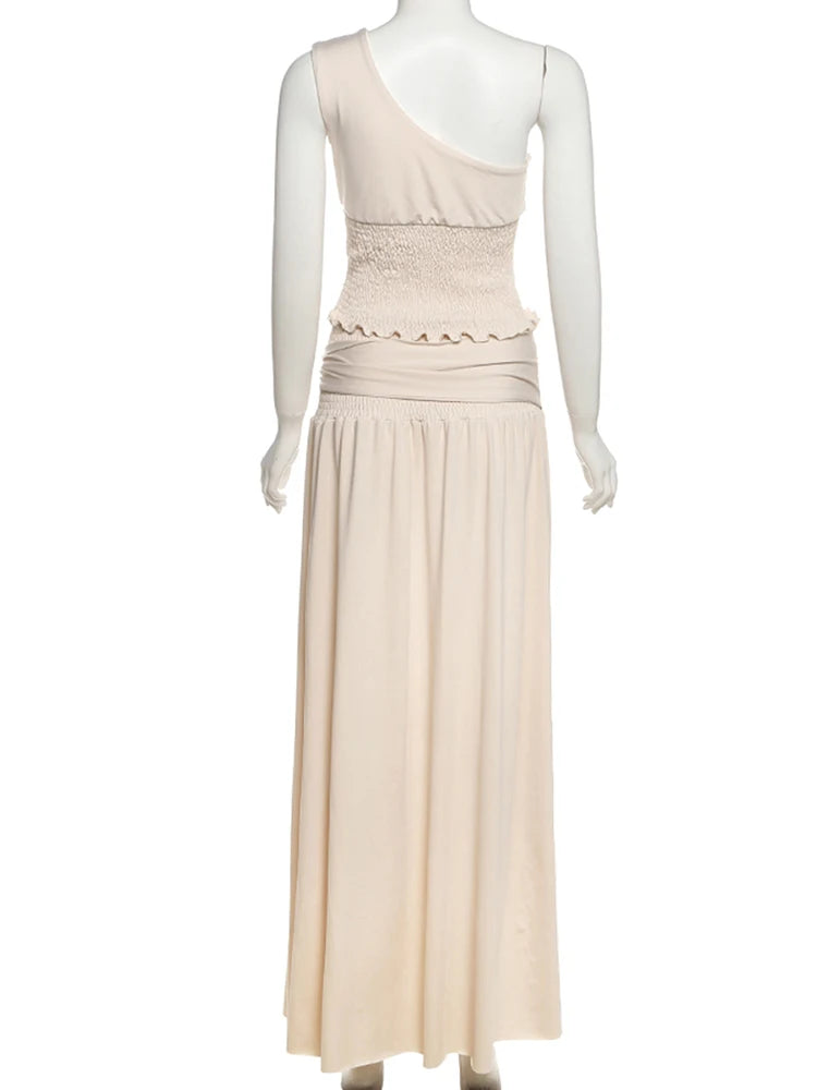 kliou Elegant High Street Women 2 Piece Set Chic Pleated Trim Incline Shoulder Tanks+Buckle Ribbons Maxi Skirts Female Outfits