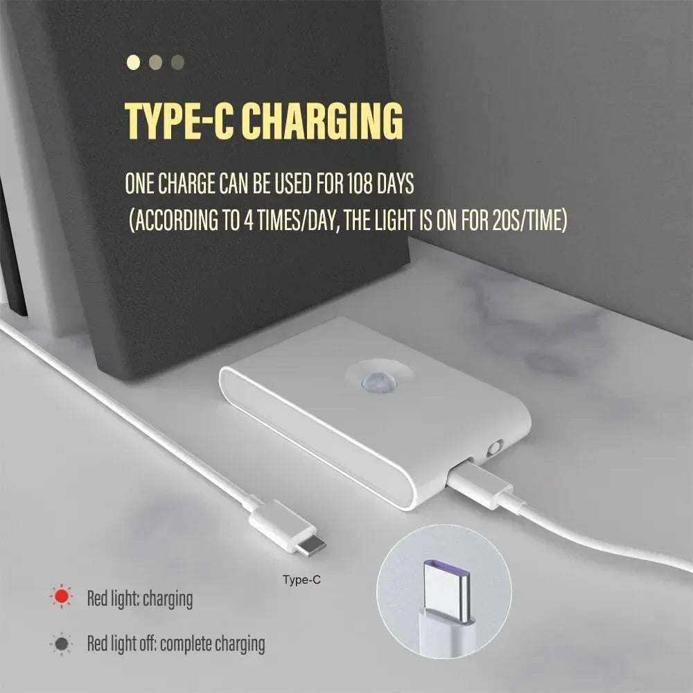 White rectangular motion sensor night light charging via a white USB Type-C cable.