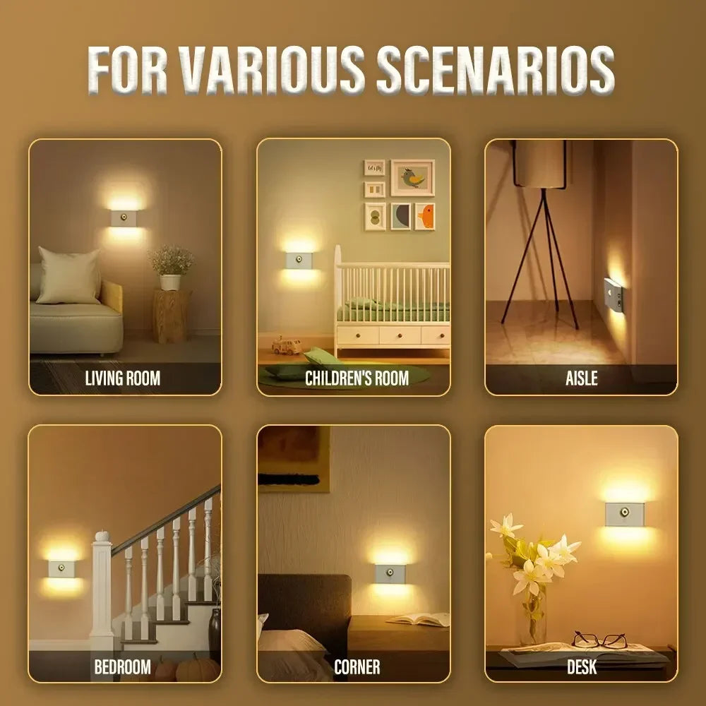 White mini motion sensor night lights illuminating various rooms like living room, children's room, and bedroom.