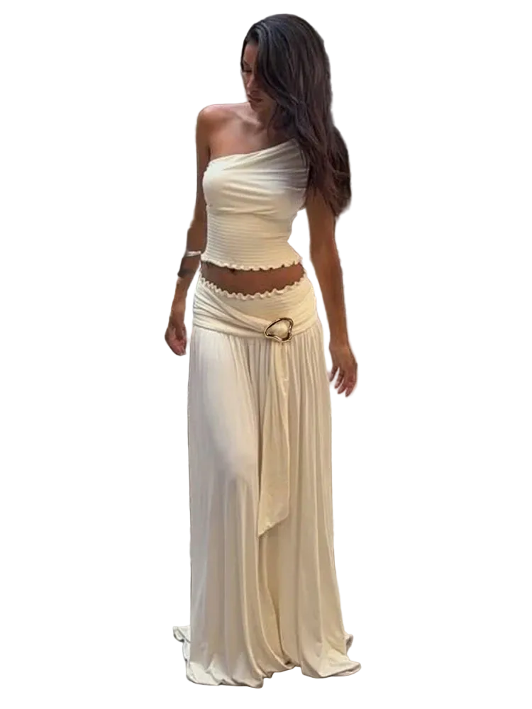 kliou Elegant High Street Women 2 Piece Set Chic Pleated Trim Incline Shoulder Tanks+Buckle Ribbons Maxi Skirts Female Outfits